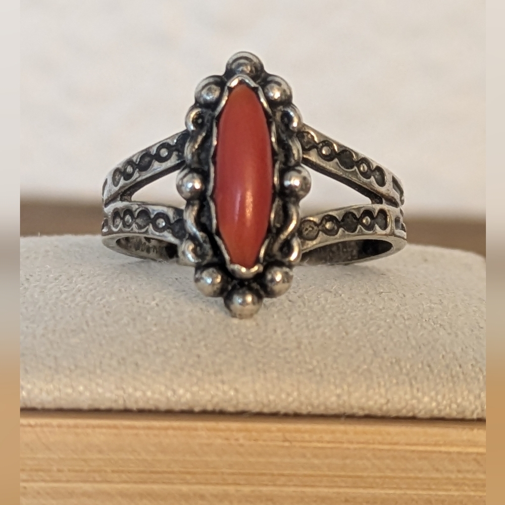Southwestern Style Sterling Silver Red Coral Marquise Statement Ring
